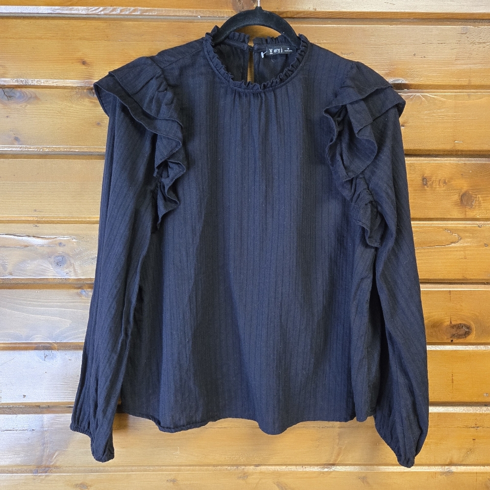 Very J 100% Cotton Long Sleeve Modest High Neck Top Ruffle Accent Size M